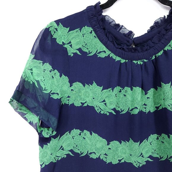J.Crew Silk Ruffle Blouse Womens Size 12 Top Beanstalk Stripe Navy Green Retro - Picture 6 of 13